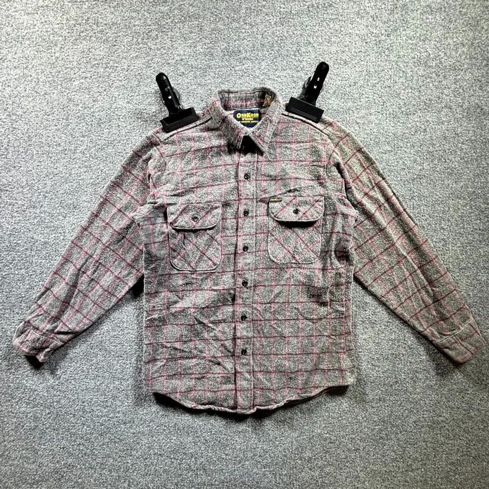 VTG OshKosh BGosh Flannel Shirt Men Medium Gray Pink Plaid Button Front Workwear
